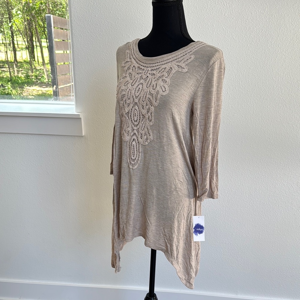 Elegant Beige Women's long sleeve embroidered Top,Indigo,Medium,NWT